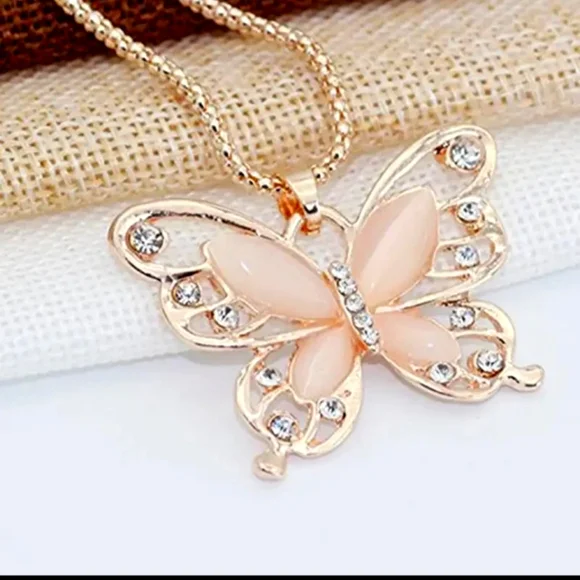 Rose Gold Opal Butterfly Pendant Necklace - Picture 2 of 6